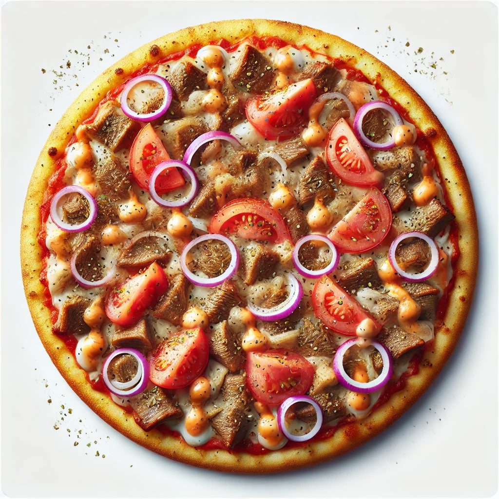 DALL·E 2024-10-19 23.12.26 - A gyros pizza without a background, featuring classic gyros toppings like seasoned meat, onions, tomatoes, and a sprinkling of cheese on a crispy crus