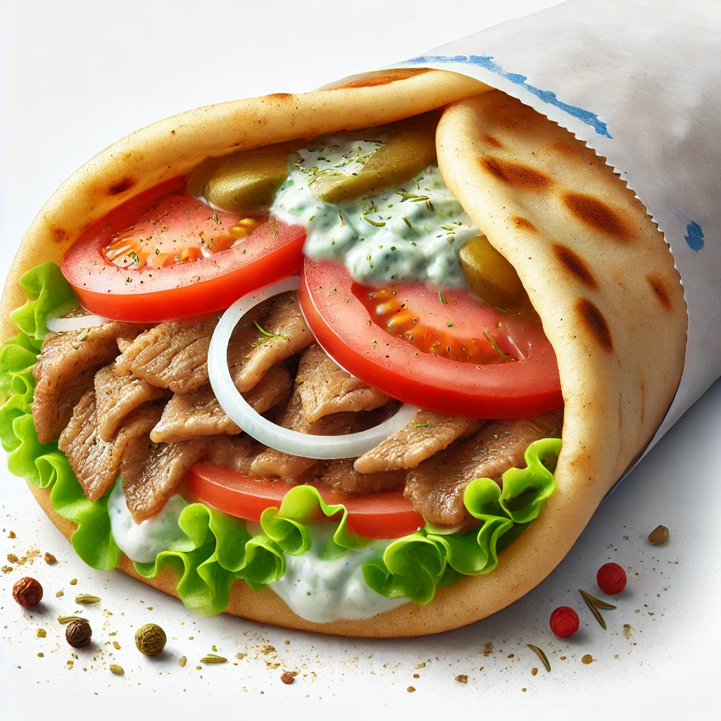 DALL·E 2024-10-19 23.13.27 - A gyros pita without a background, showcasing a classic pita wrap filled with seasoned gyros meat, fresh tomatoes, onions, lettuce, and a drizzle of t
